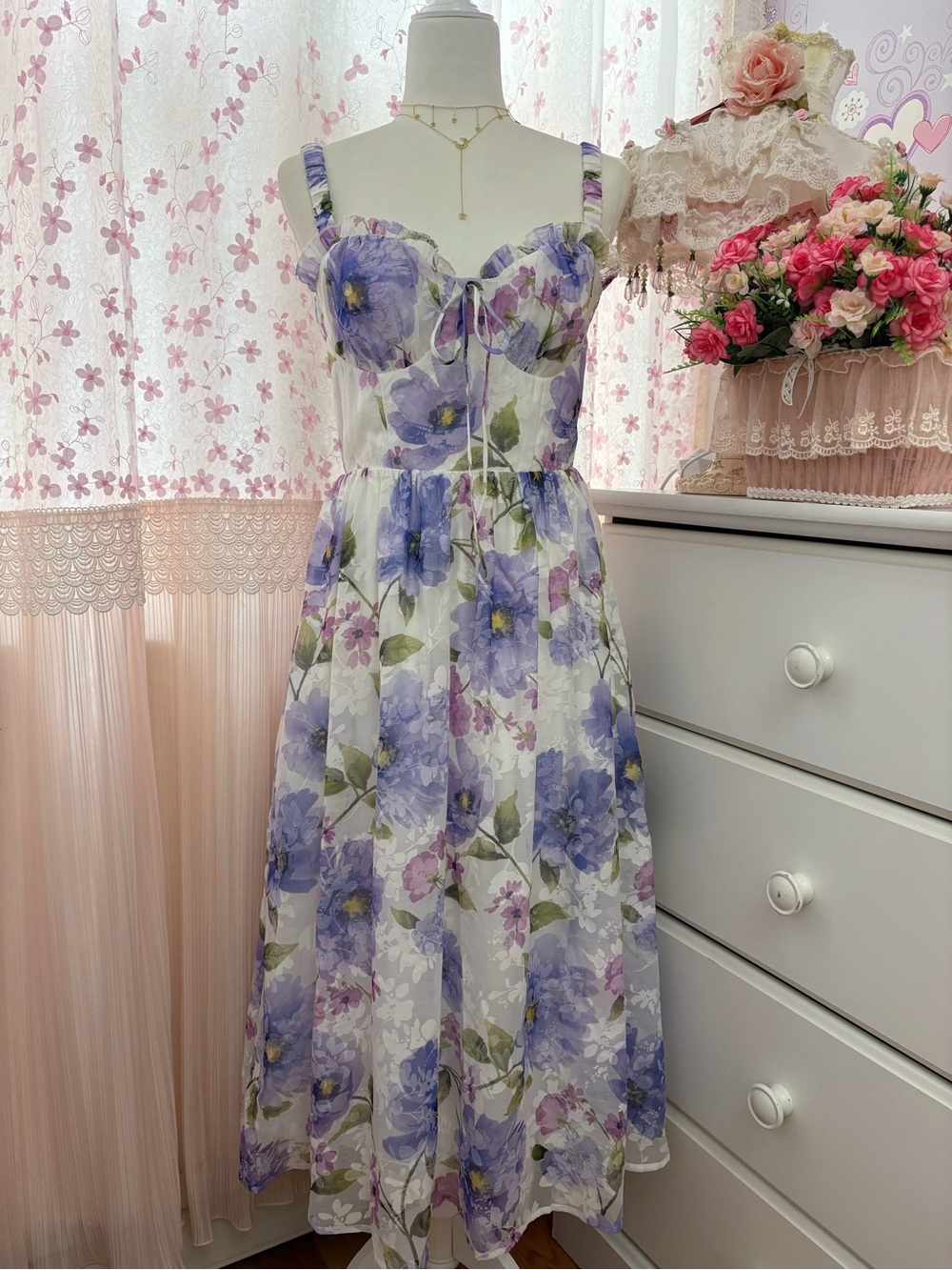 Lulus Hillela Ivory Floral Ruffled Lace-Up Midi Skater Dress - Picture 3 of 9